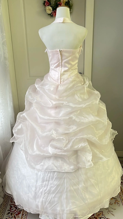 Sweet 15 Quinceanera Dresses Ball Gown Halter Pearl Pink With Tiered Beaded Long 16th Birthday Dress RC0708