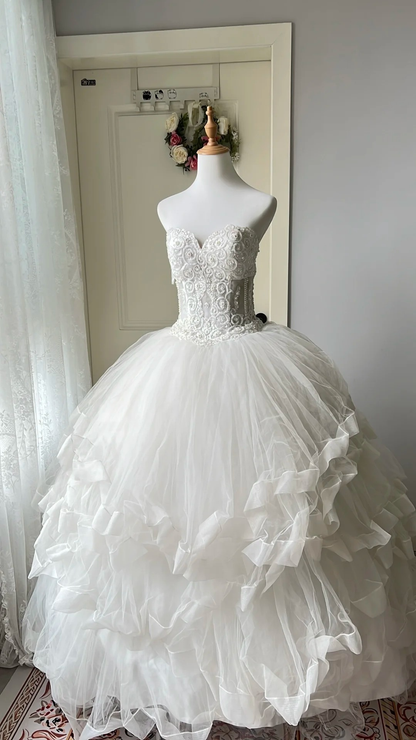 Cute Sweet 16 Dress Long Sweetheart White Tulle With Tiered Layers Ball Gown Sweet Sixteen Birthday Dresses RC0709