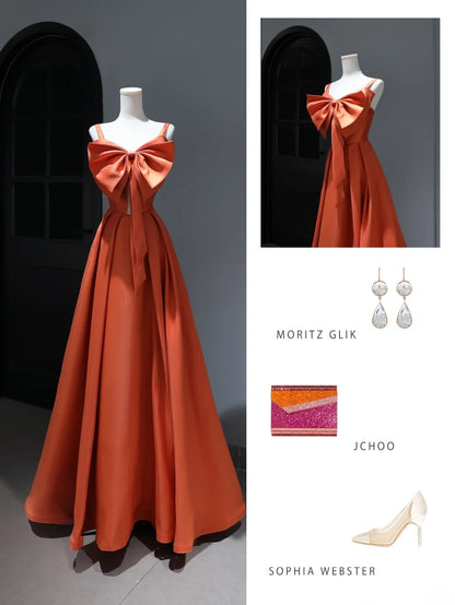 Modest Prom Dresses Aesthetic A Line Spaghetti Straps Satin Orange Inspiration Style Impress Corset Fitted Long Party Formal Gown AS386
