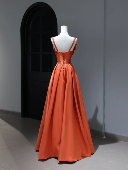 Modest Prom Dresses Aesthetic A Line Spaghetti Straps Satin Orange Inspiration Style Impress Corset Fitted Long Party Formal Gown AS386