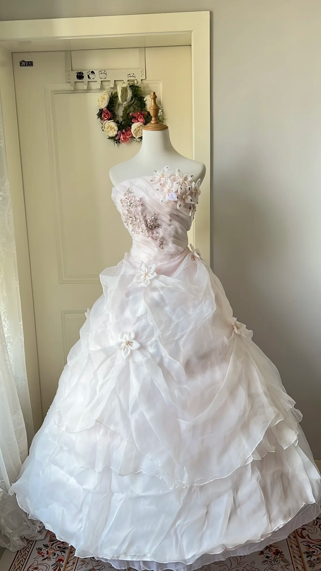 Sweet 15 Quinceanera Dresses Ball Gown Strapless Pearl Pink With Tiered Flowers Long 16th Birthday Dress RC0710