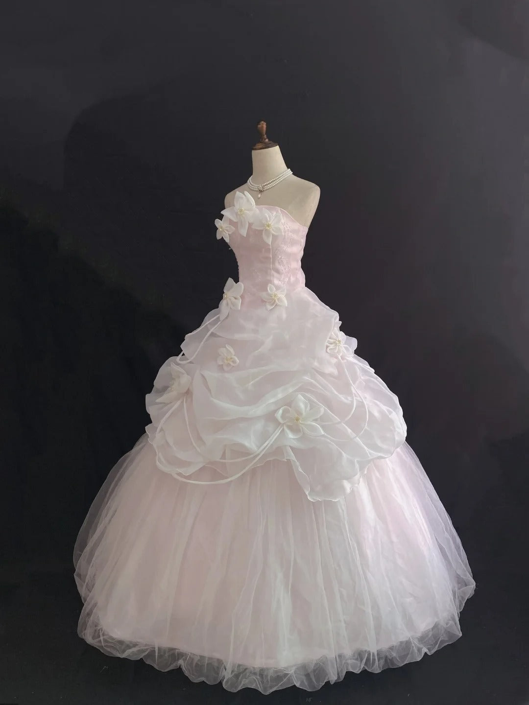 Fairytale Ball Gown Strapless Light Pink Long With Ruffled Flowers Quince Dress inspo Quinceanera Dresses Sweet 15 16 Outfits RB7841