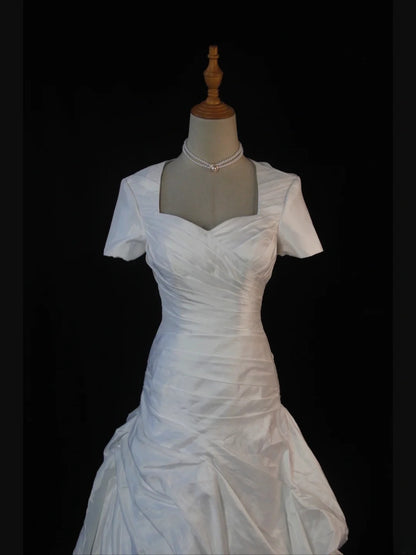 Princess Women's Ball Gown Sweetheart With Short Sleeves White Taffeta Sweep Train Wedding Dresses AS387