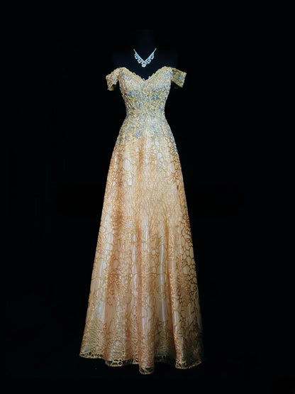 Vintage 2000s Prom Dresses A line Off The Shoulder Gold Lace With Zipper Back Long Party Formal Outfits RB6207