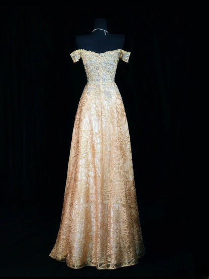Vintage 2000s Prom Dresses A line Off The Shoulder Gold Lace With Zipper Back Long Party Formal Outfits RB6207