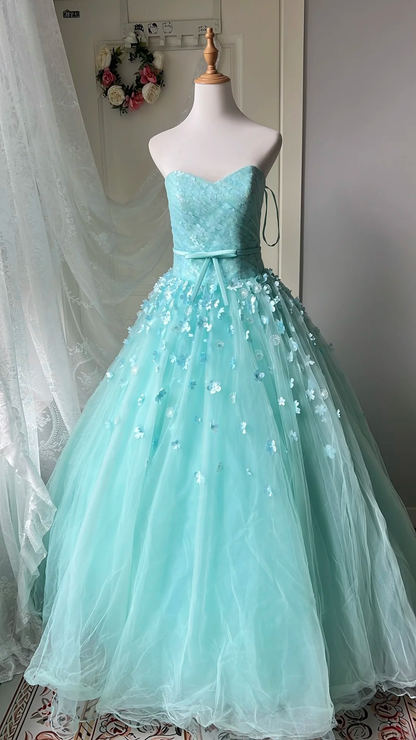 Cute Sweet 16 Dress Long Sweetheart Blue Tulle With Flowers Ball Gown Sweet Sixteen Birthday Dresses RC0711