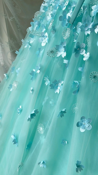 Cute Sweet 16 Dress Long Sweetheart Blue Tulle With Flowers Ball Gown Sweet Sixteen Birthday Dresses RC0711