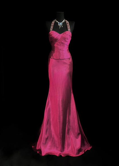 Modest Prom Dresses Mermaid Halter Hot Pink Taffeta 1950s Retro Classy Party Formal Outfits RB6208