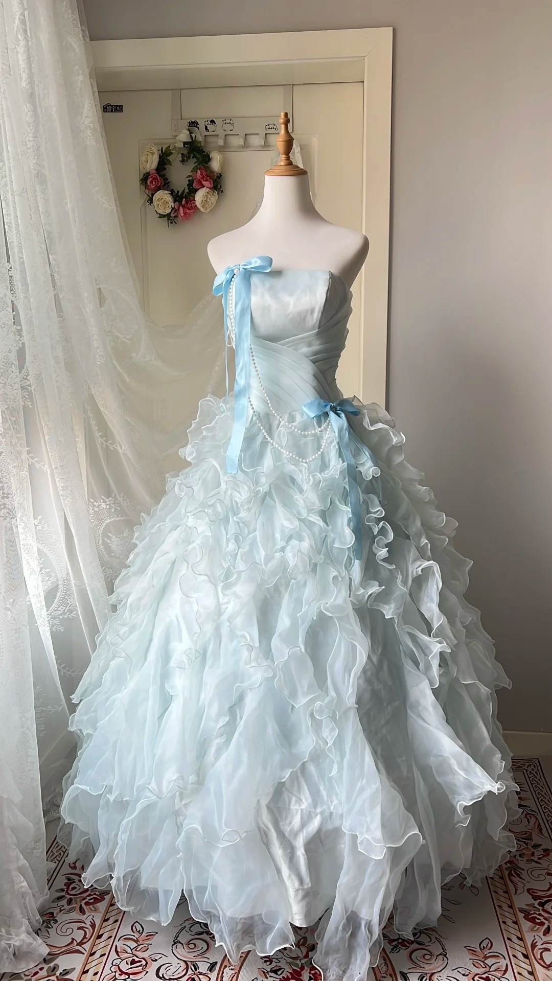 Sweet 16 Dress Impress Long Strapless Light Sky Blue Tulle With Tiered Layers Ball Gown Sweet Sixteen Birthday Dresses RC0712