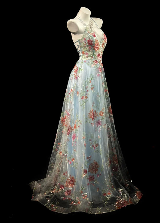Vintage 2000s Prom Dresses A line Halter Light Sky Blue Lace With Backless Long Party Formal Outfits RB6209