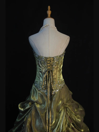 Retro 1970s Ball Gown Sweetheart Olive Green Organza With Beads Tiered Long Prom Dresses Inspo 21st Birthday Outfit Formal Gown AS390