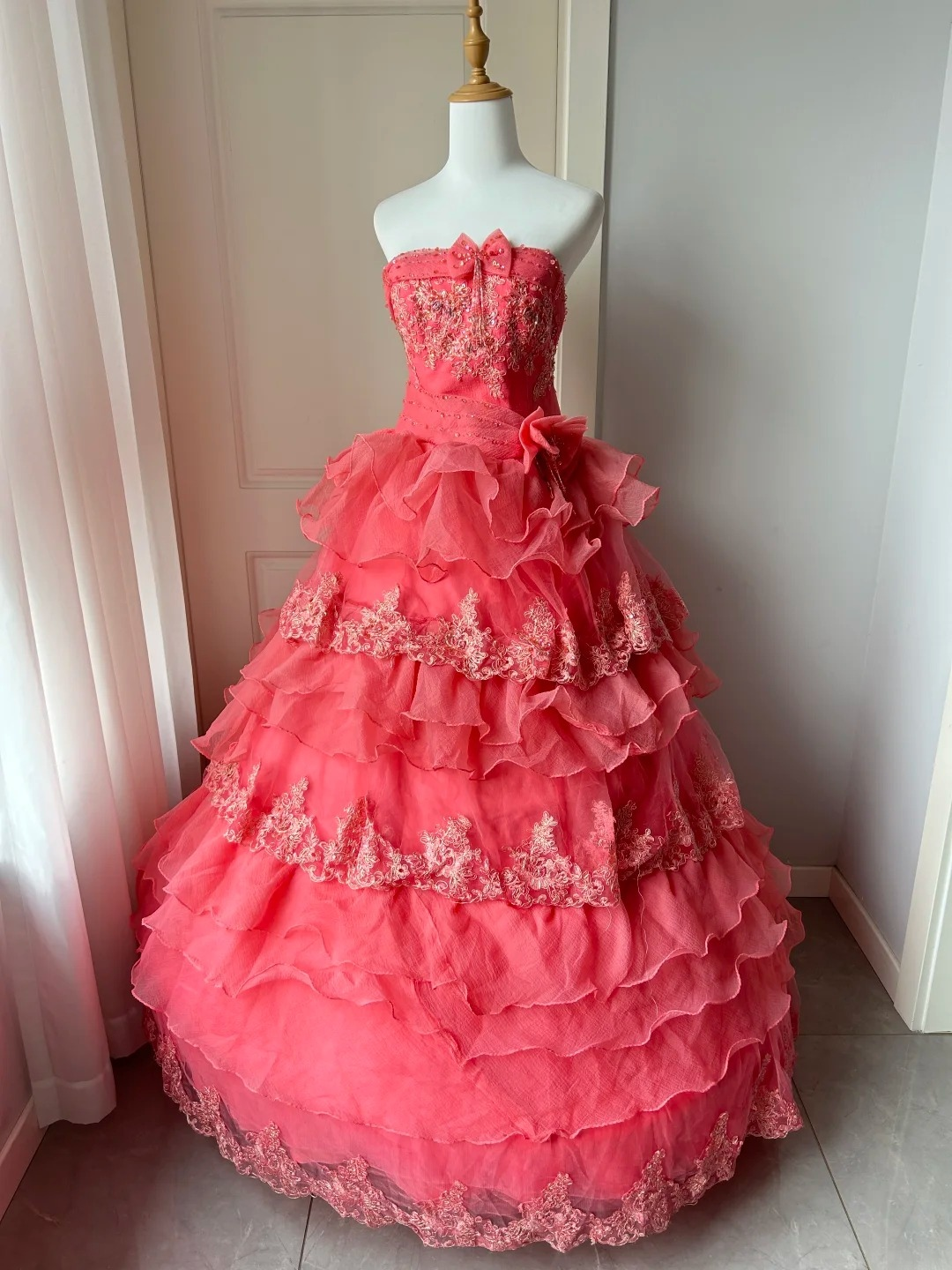 Sweet 16 Dress Ideas Long Strapless Coral Tulle With Tiered Layers Ball Gown Sweet Sixteen Birthday Dresses RC0713
