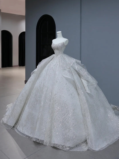 Sparkly Long Wedding Dress Ball Gown Strapless Style for Bride With Sequin Beaded Bodice Train Bridal Dresses AS390