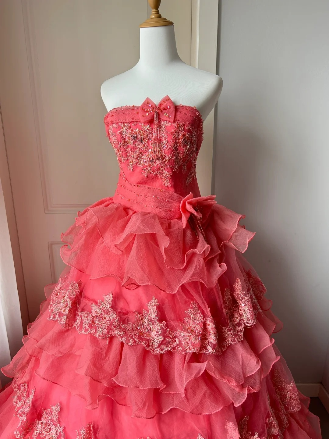 Sweet 16 Dress Ideas Long Strapless Coral Tulle With Tiered Layers Ball Gown Sweet Sixteen Birthday Dresses RC0713