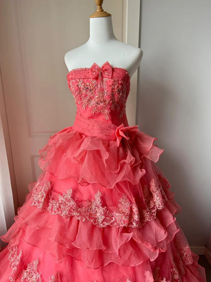 Sweet 16 Dress Ideas Long Strapless Coral Tulle With Tiered Layers Ball Gown Sweet Sixteen Birthday Dresses RC0713