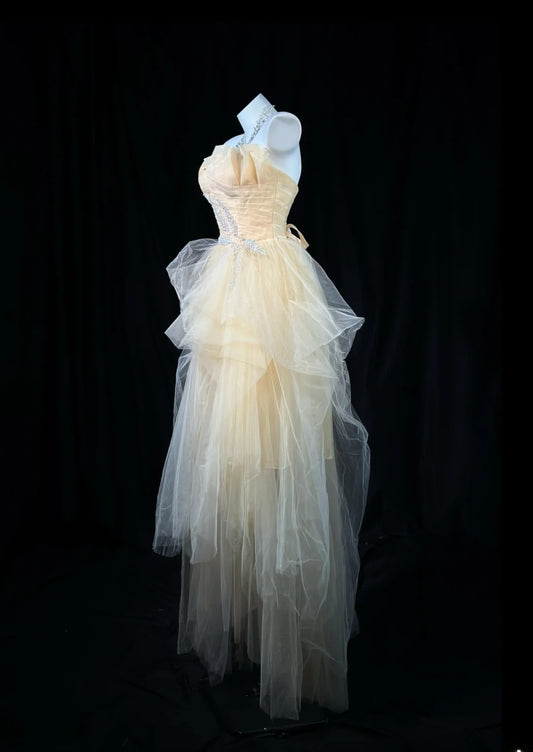 Modest Prom Dresses Ball Gown Strapless Champagne Tulle 1950s Retro Classy Party Formal Outfits RB6210
