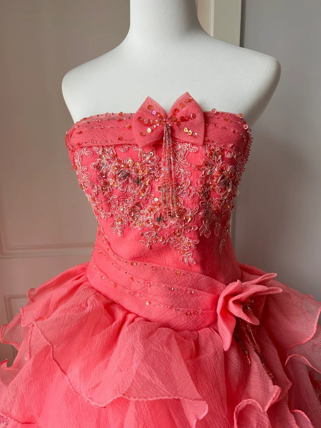 Sweet 16 Dress Ideas Long Strapless Coral Tulle With Tiered Layers Ball Gown Sweet Sixteen Birthday Dresses RC0713