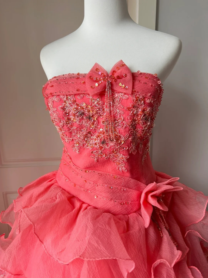 Sweet 16 Dress Ideas Long Strapless Coral Tulle With Tiered Layers Ball Gown Sweet Sixteen Birthday Dresses RC0713
