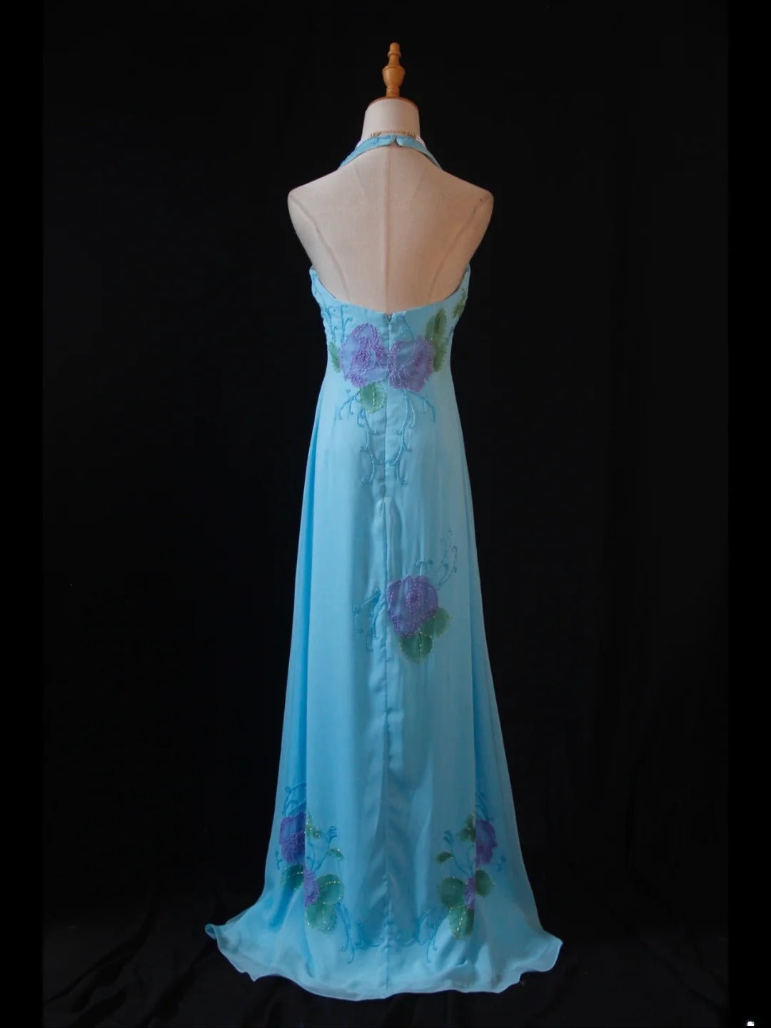 Vintage A Line Halter Chiffon Blue 1950s With Beaded Bodice Long Prom Dresses Inspo Birthday Outfit Formal Gown AS391