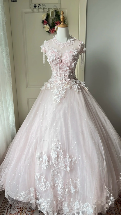 Sweet 16 Dress Ideas Long Scoop Light Pink Tulle With Appliques Lace Ball Gown Sweet Sixteen Birthday Dresses RC0714