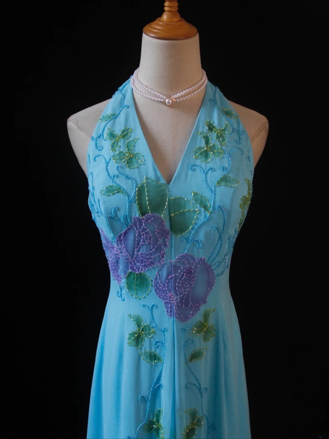 Vintage A Line Halter Chiffon Blue 1950s With Beaded Bodice Long Prom Dresses Inspo Birthday Outfit Formal Gown AS391