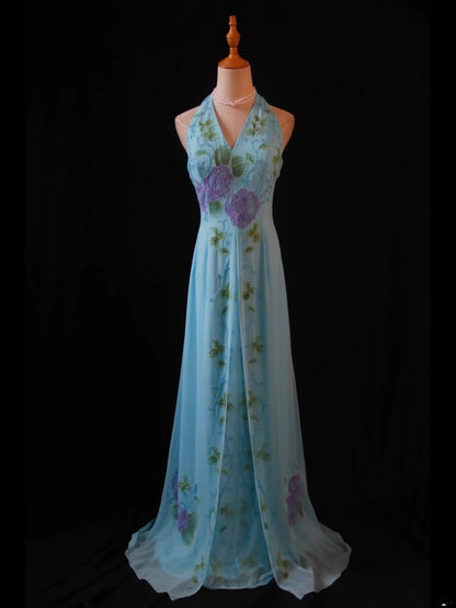 Vintage A Line Halter Chiffon Blue 1950s With Beaded Bodice Long Prom Dresses Inspo Birthday Outfit Formal Gown AS391