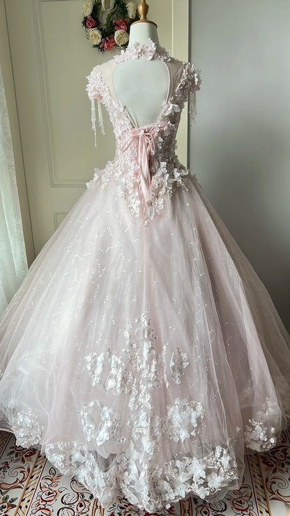Sweet 16 Dress Ideas Long Scoop Light Pink Tulle With Appliques Lace Ball Gown Sweet Sixteen Birthday Dresses RC0714