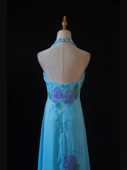 Vintage A Line Halter Chiffon Blue 1950s With Beaded Bodice Long Prom Dresses Inspo Birthday Outfit Formal Gown AS391