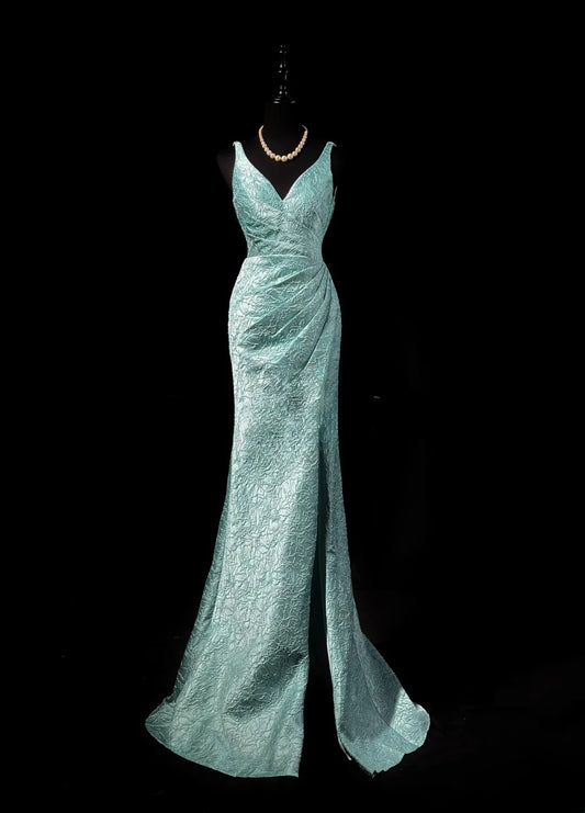 Vintage 2000s Prom Dresses Mermaid V Neckline Blue Lace With Slit Long Party Formal Outfits RB6211