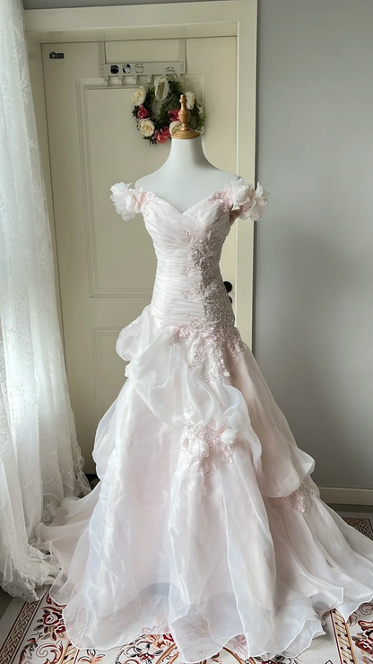 Modest Prom Dresses Aesthetic Mermaid Off Shoulder Pink Organze Lace Long Evening Outfits RC0715