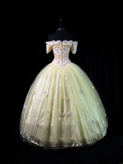 Charming Prom Dresses Ball Gown Off The Shoulder Light Yellow Tulle With Beading Night Evening Formal Outfits RB6212