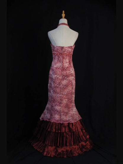 Retro 1950s Mermaid Halter Burgundy Taffeta With Beads Cape Tiered Long Prom Dresses Inspo 21st Birthday Outfit Formal Gown AS392