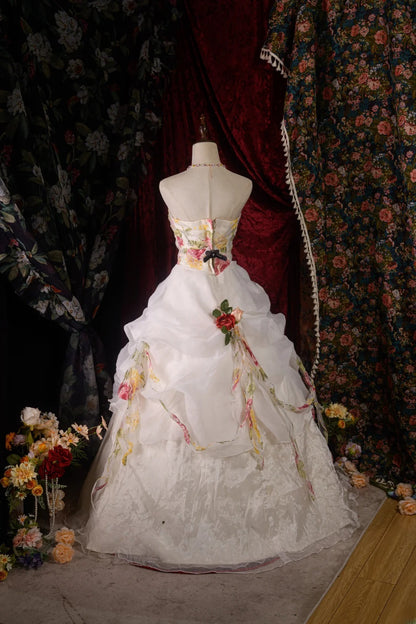Beautiful Ball Gown Strapless White Organza Floral Sweet 15 Quinceanera Dresses Formal Birthday 16th Party Gown RB8590