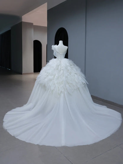Modest Long Wedding Dress Ball Gown One Shoulder Style for Bride With Tiered Pleated Bodice Train Bridal Dresses AS392