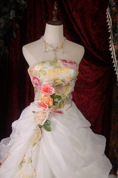 Beautiful Ball Gown Strapless White Organza Floral Sweet 15 Quinceanera Dresses Formal Birthday 16th Party Gown RB8590