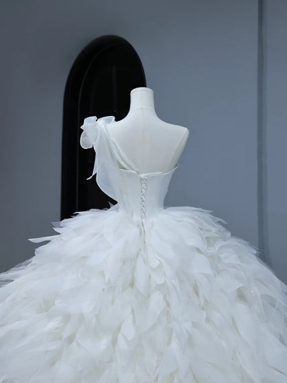 Modest Long Wedding Dress Ball Gown One Shoulder Style for Bride With Tiered Pleated Bodice Train Bridal Dresses AS392