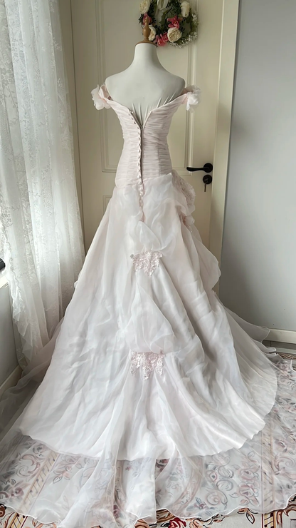 Modest Prom Dresses Aesthetic Mermaid Off Shoulder Pink Organze Lace Long Evening Outfits RC0715