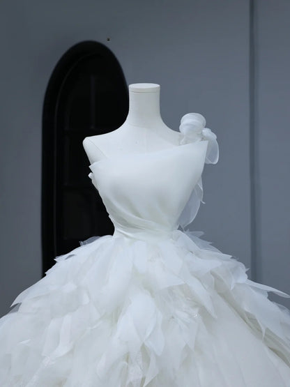Modest Long Wedding Dress Ball Gown One Shoulder Style for Bride With Tiered Pleated Bodice Train Bridal Dresses AS392