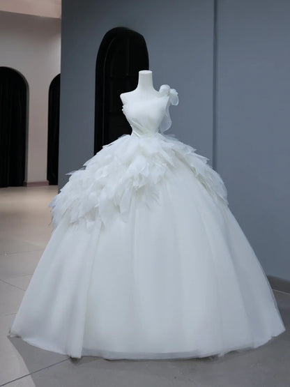 Modest Long Wedding Dress Ball Gown One Shoulder Style for Bride With Tiered Pleated Bodice Train Bridal Dresses AS392