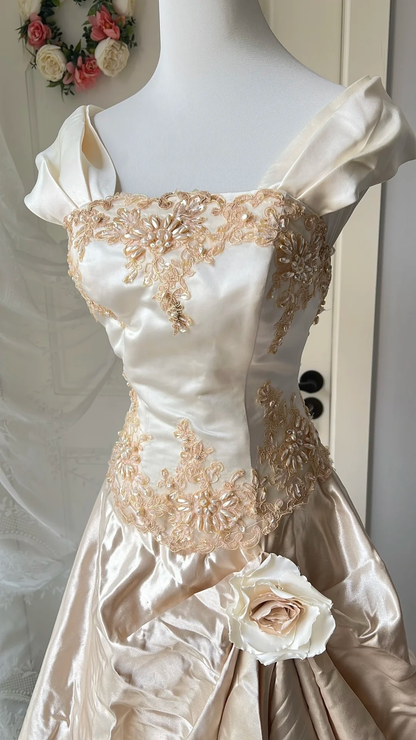 Modest Prom Dresses Aesthetic Mermaid Gold Satin With Ruffled Lace Long Evening Outfits RC0716