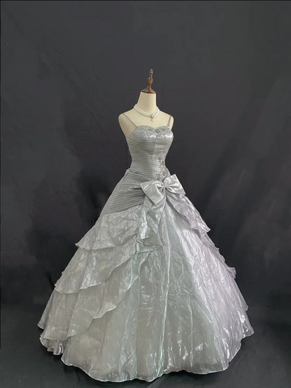 Princess Vibes Ball Gown Spaghetti Straps Grey Long With Lace Bow Quince Dress inspo Quinceanera Dresses Sweet 15 16 Outfits RB7847