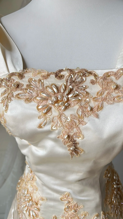 Modest Prom Dresses Aesthetic Mermaid Gold Satin With Ruffled Lace Long Evening Outfits RC0716