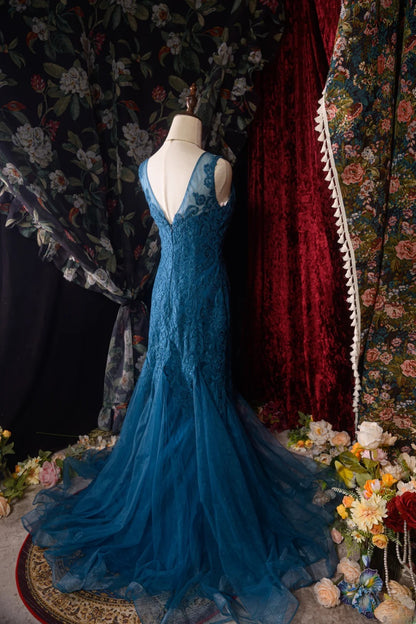 Vintage 80s V Neck Mermaid Lace y2k High School Dances Prom Dresses Formal Outfits Evening Gown RB8591