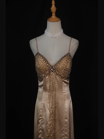 Vintage High Low 80s Spaghetti Straps Champagne Beads With Beaded Prom Dresses Inspo Birthday Outfit Formal Gowns AS394