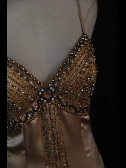 Vintage High Low 80s Spaghetti Straps Champagne Beads With Beaded Prom Dresses Inspo Birthday Outfit Formal Gowns AS394