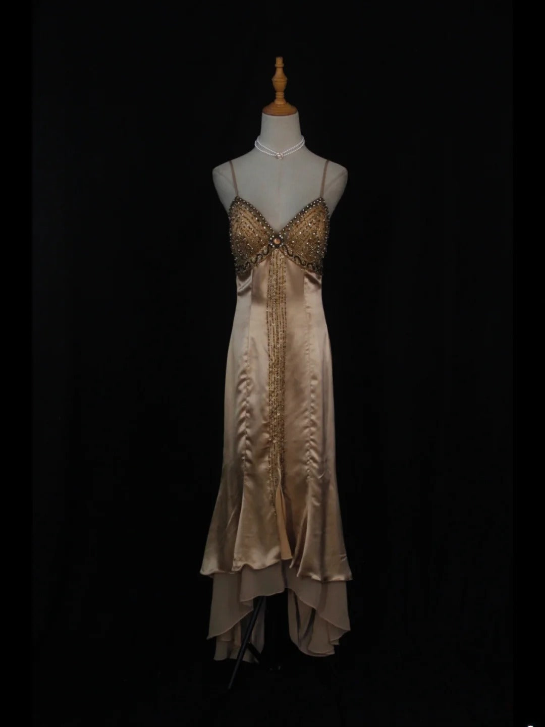 Vintage High Low 80s Spaghetti Straps Champagne Beads With Beaded Prom Dresses Inspo Birthday Outfit Formal Gowns AS394