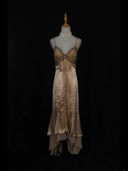 Vintage High Low 80s Spaghetti Straps Champagne Beads With Beaded Prom Dresses Inspo Birthday Outfit Formal Gowns AS394