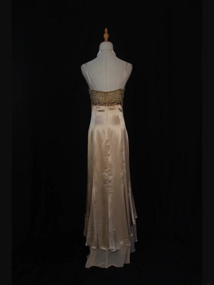 Vintage High Low 80s Spaghetti Straps Champagne Beads With Beaded Prom Dresses Inspo Birthday Outfit Formal Gowns AS394