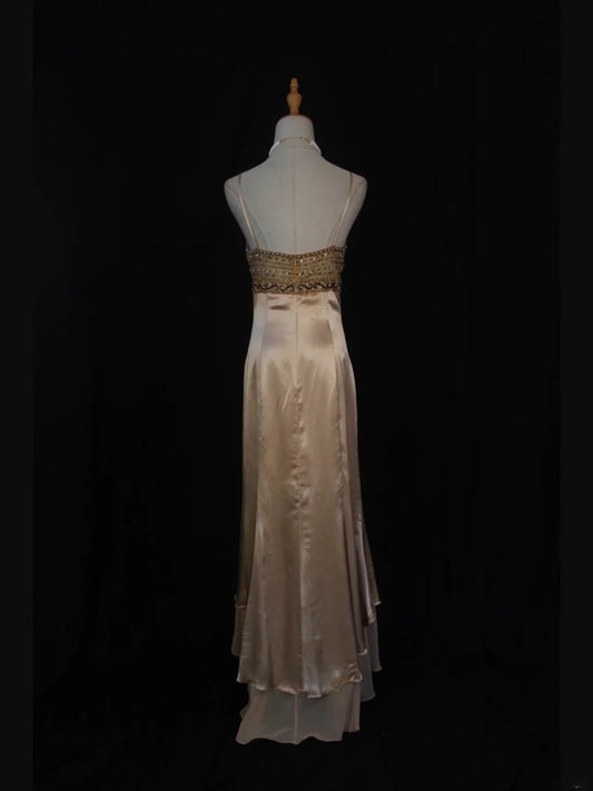 Vintage High Low 80s Spaghetti Straps Champagne Beads With Beaded Prom Dresses Inspo Birthday Outfit Formal Gowns AS394