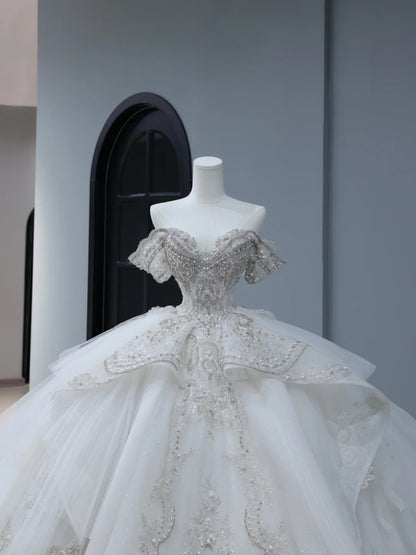 Princess Long Wedding Gowns Ball Gown Off The Shoulder Style for Bride With Short Sleeves Train White Bridal Dress AS395